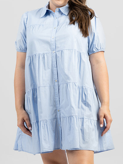 Women Poplin Short Sleeve Layered Shirt Dress