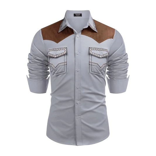 Men's Western Long Sleeve Cowboy Shirt-Grey