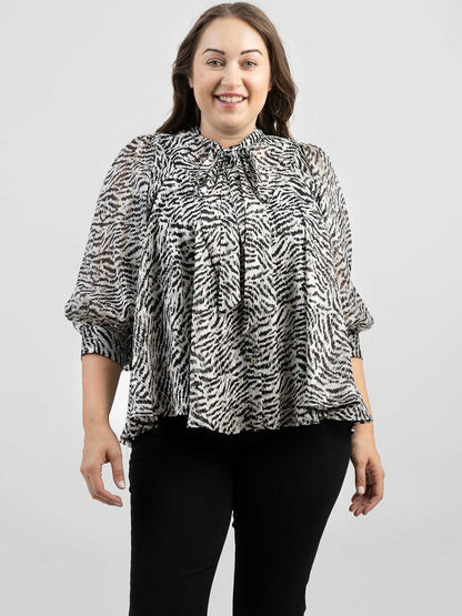 Plus Size Women Zebra Print Oversized 3/4 Sleeve Round Neck With Knot Blouse