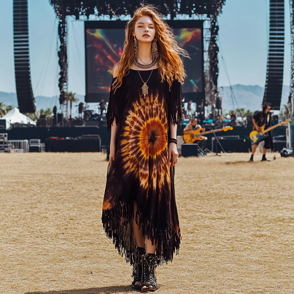 Coachella Music Festival Rock Rave Party Tie-Dye Ruffle Floral Fringed Lace Vintage Dress