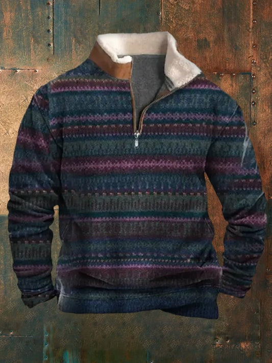 Men's Western Vintage Print Plush Stand Collar Zip Sweatshirt