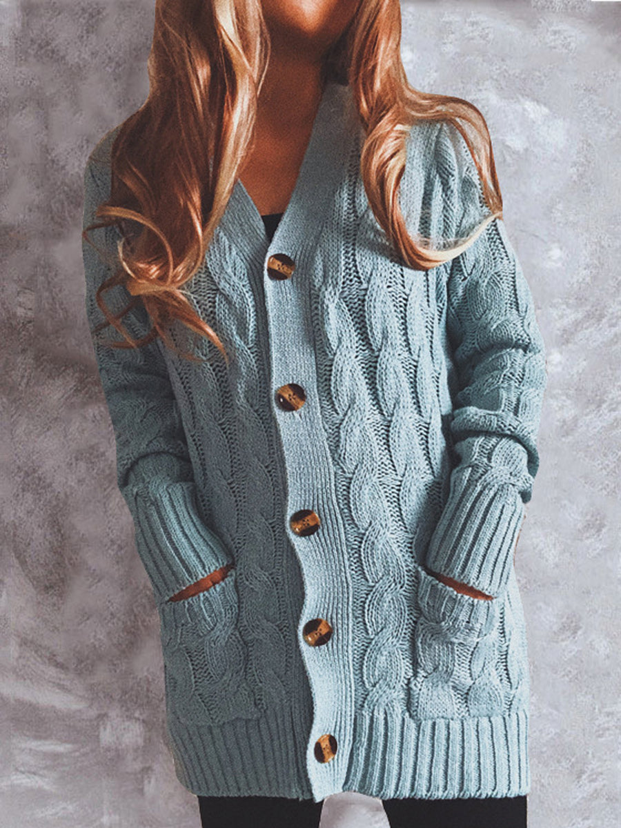 Casual Solid Color Pocket Long-Sleeved Sweater Cardigan