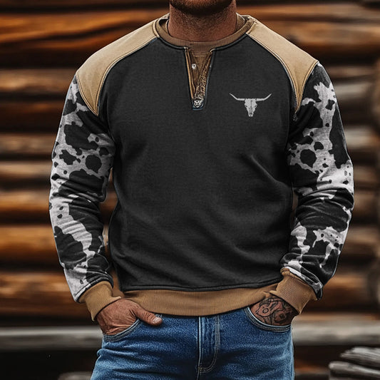 Men's Outdoor Vintage Color Blocks Yellowstone Print Casual Henley Sweatshirt