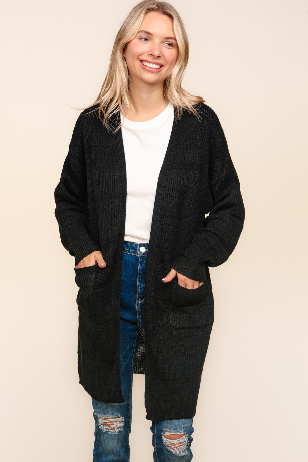 Textured Open Cardigan with Pockets in Black