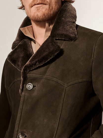 Men's Fashionable Open Pocket Button Design Imitation Leather Plush Warm Coat