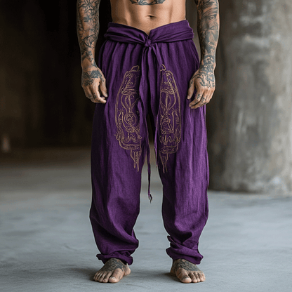 Men's Embroidery Pattern Casual Loose Drawstring Cotton Linen Harem Purple Pants