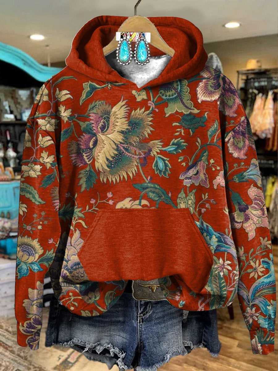 Red Vintage Flowers Print Casual Hoodie Sweatshirt