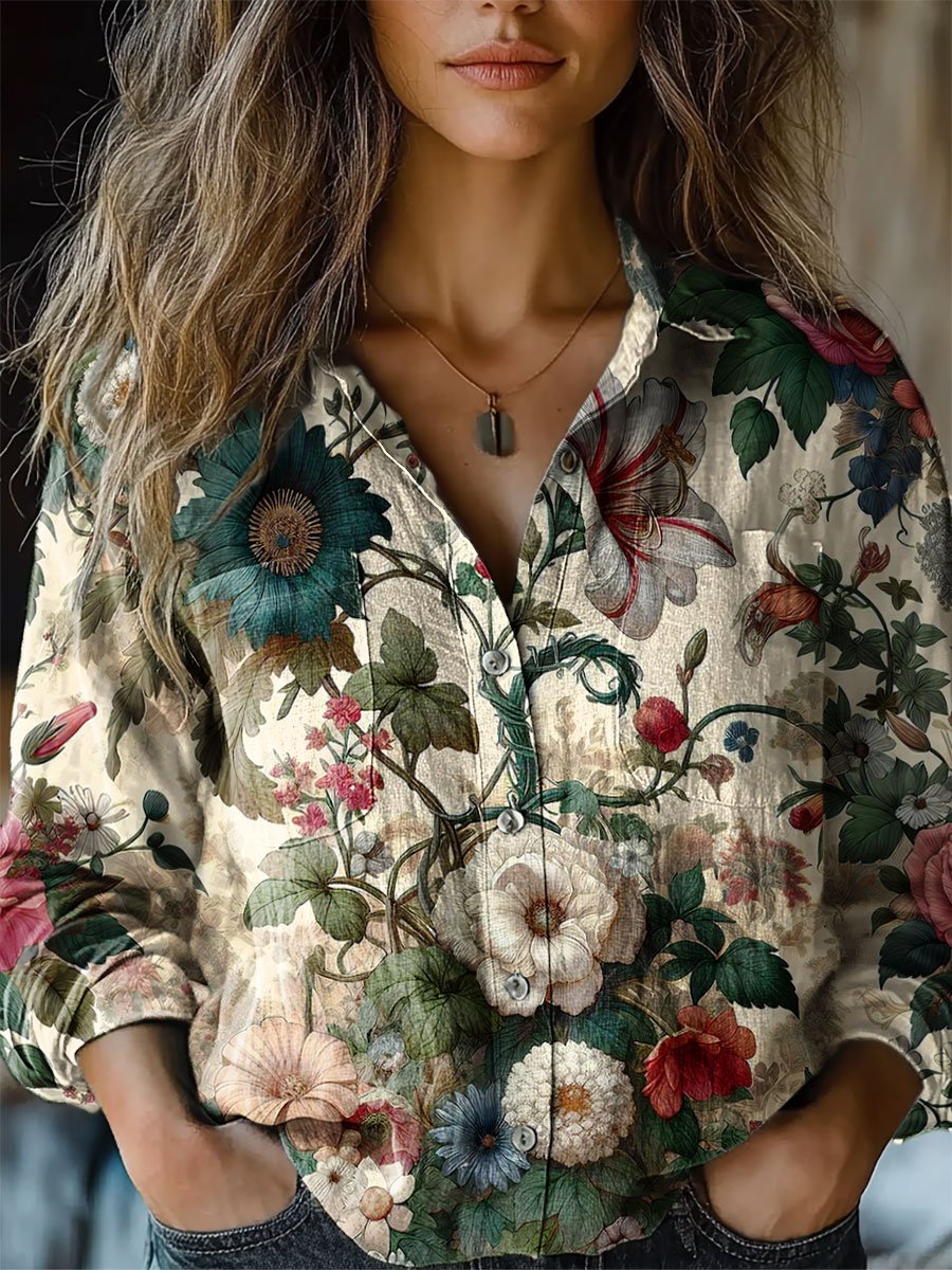 Women's Vintage Floral Print Casual Long Sleeve Comfortable Cotton Shirt