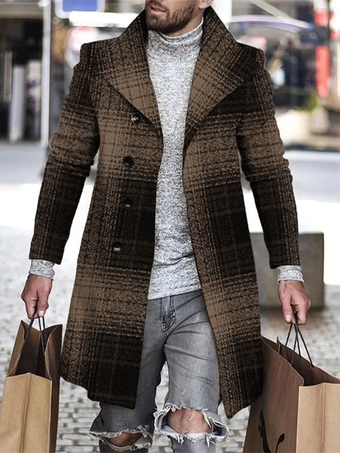 Men's Casual Button Front Plaid Faux Wool Jacket