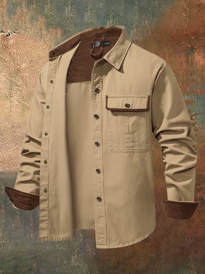 Men's Cotton Vintage Patchwork Lapel Metal Button Long Sleeve Jacket