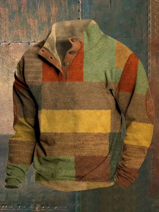 Men's Western Color Block Art Print Stand Collar Button Sweatshirt