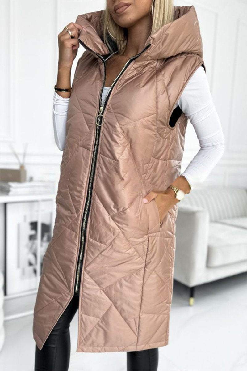 Women's Hooded Zipper Sleeveless Long Coat