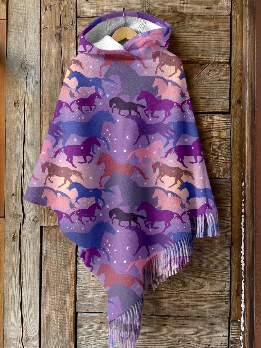 Women's Purple Horse Print Casual Knitted Blanket Poncho Hood Cape