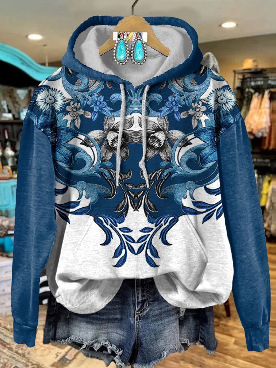 Blue Flower Print Casual Hoodie Sweatshirt