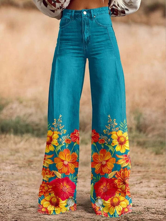 Women's Flower Print Casual Wide Leg Pants