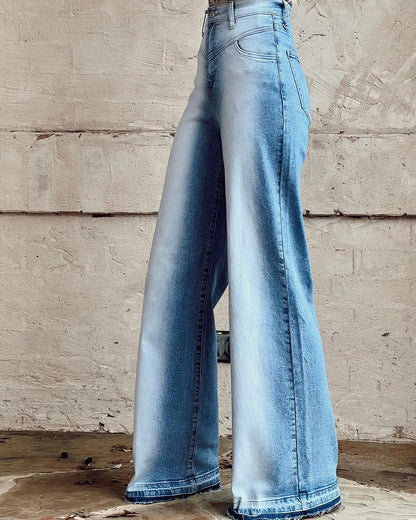 Women's Causal Washed Blue High-waisted Casual Wide Leg Pants