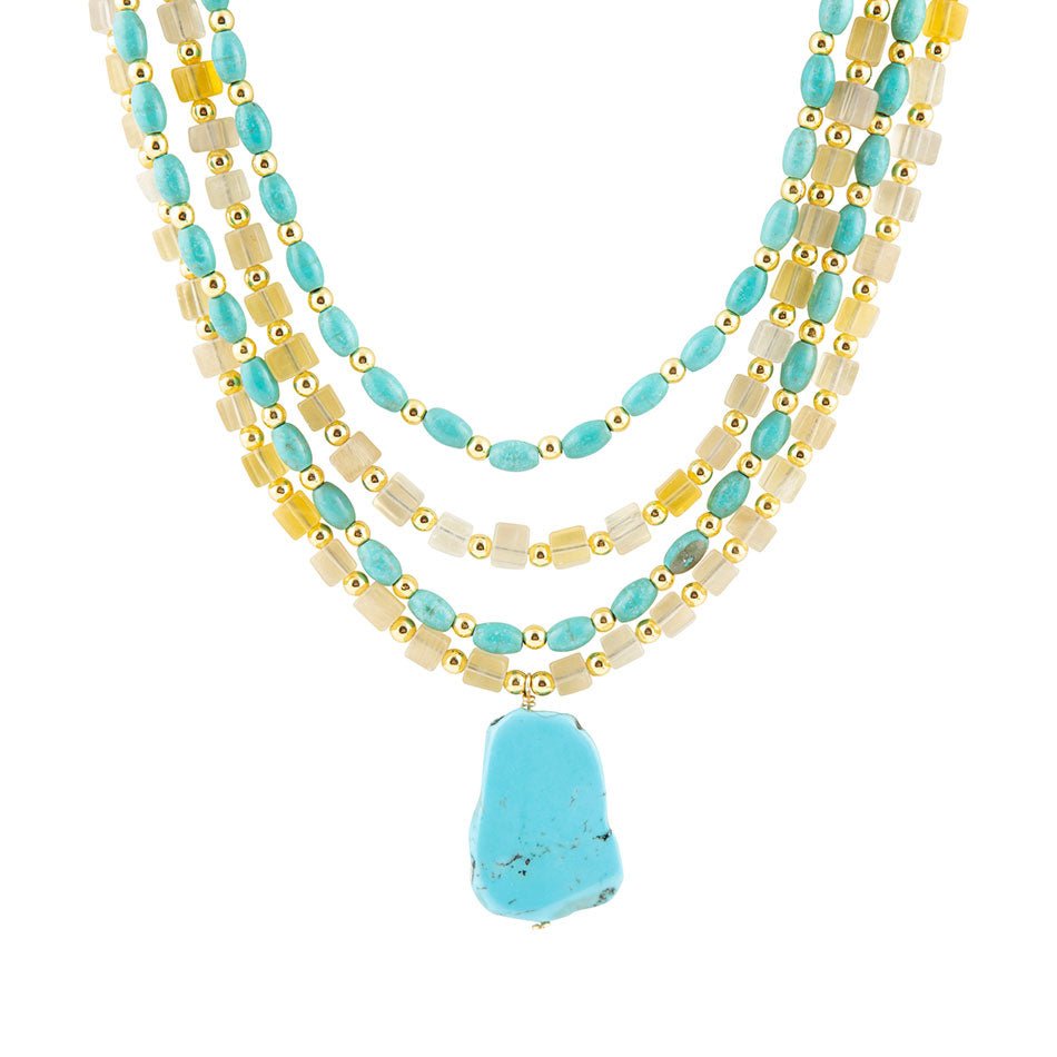 Barse Blue Turquoise and Yellow Citrine Multi-Layer Golden Necklace