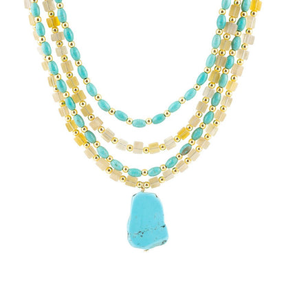 Barse Blue Turquoise and Yellow Citrine Multi-Layer Golden Necklace