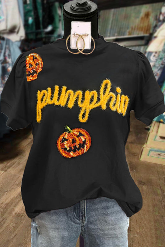 Pumpkin Embroidered Short Sleeve Top