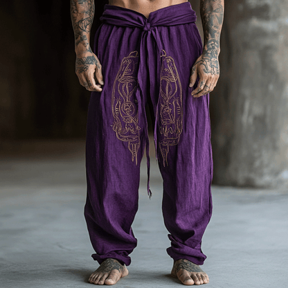 Men's Embroidery Pattern Casual Loose Drawstring Cotton Linen Harem Purple Pants