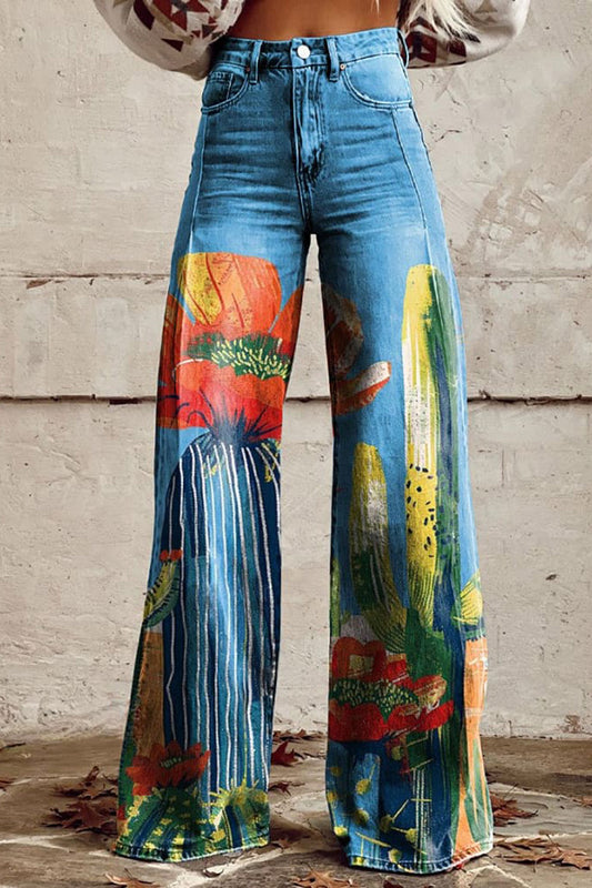 Western Art Print Casual Wide Leg Pants