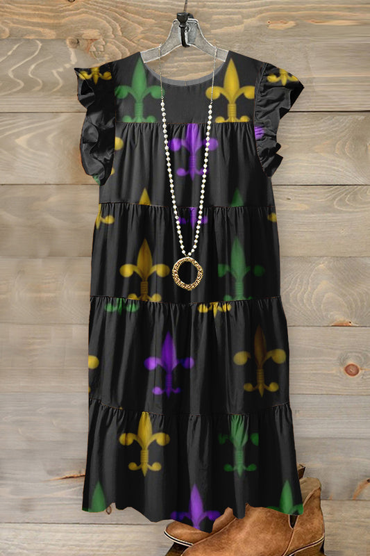 Chic Black Mardi Gras Print Ruffled Pleated Dress