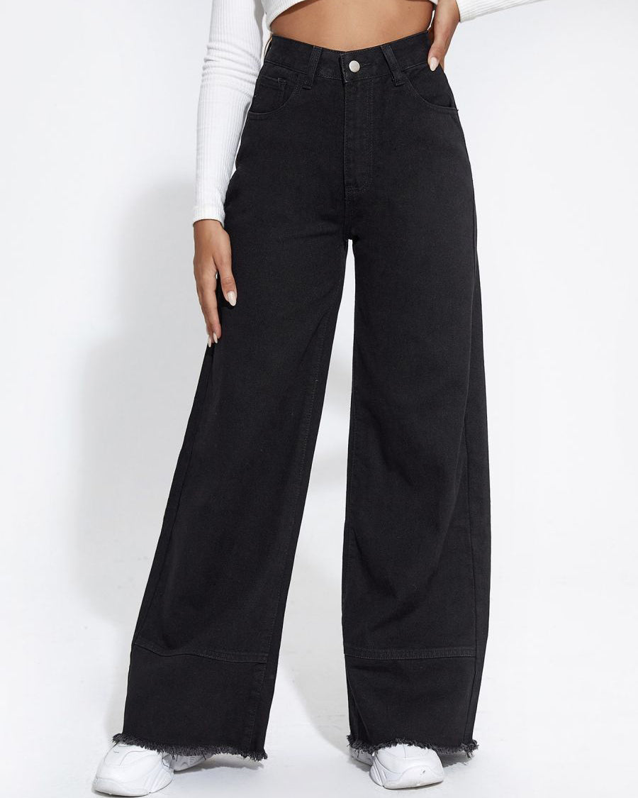 High-Waisted Wide-Leg Jeans Raw-Edge Loose Trousers