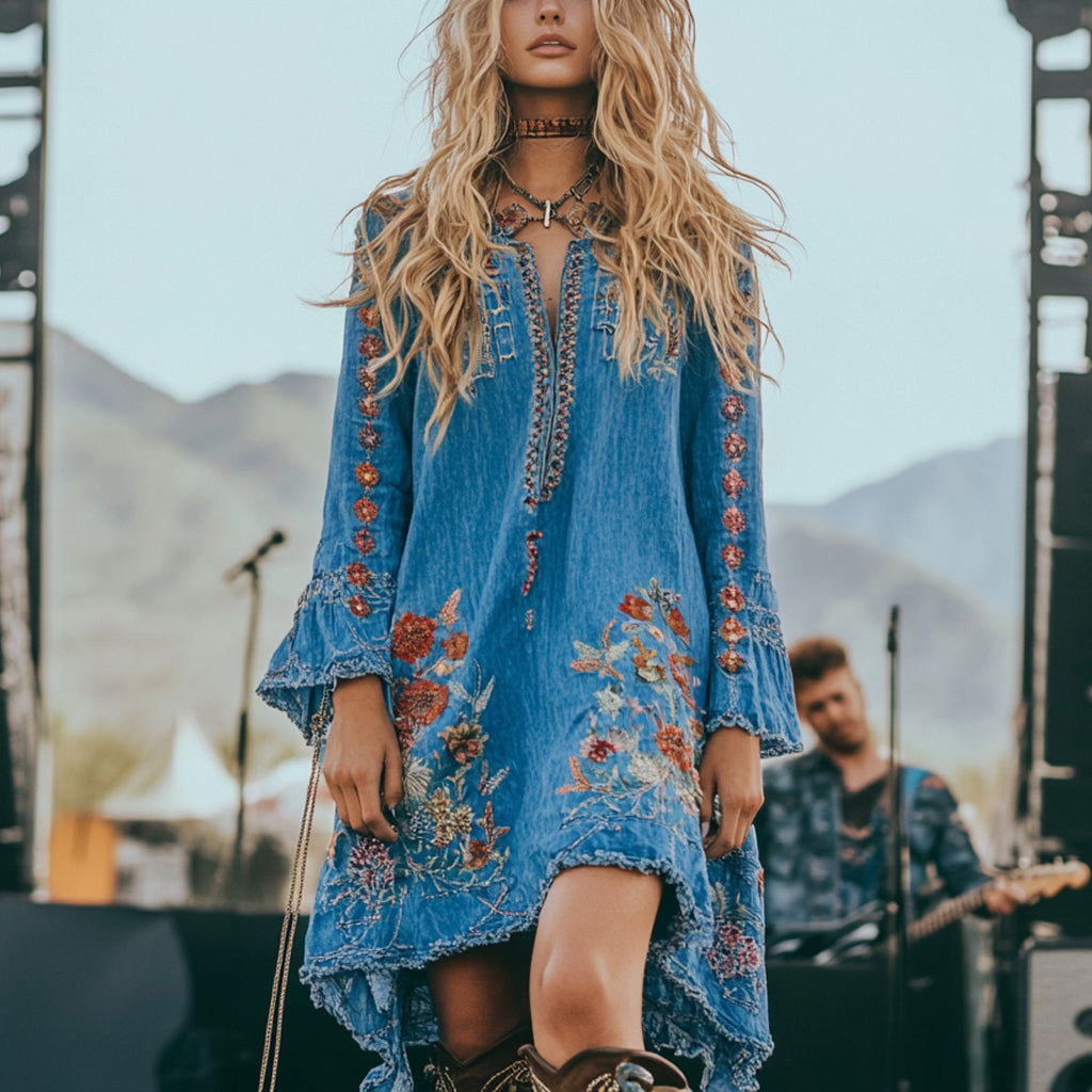 Music Festival Rock Party Carnival Vintage Wasteland Style Ethnic Floral Cotton And Linen Dress