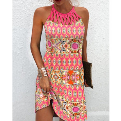 Tribal Print Hollow Out Cold Shoulder Dress