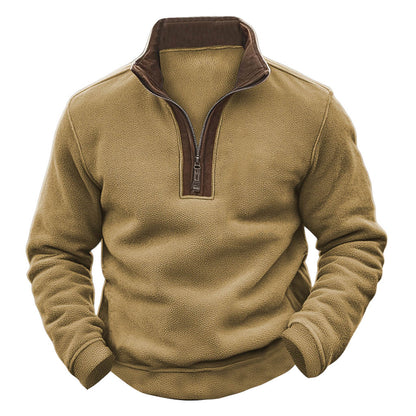 Men's Vintage Fleece Paneled Suede Quarter Zip Stand Collar Sweatshirt