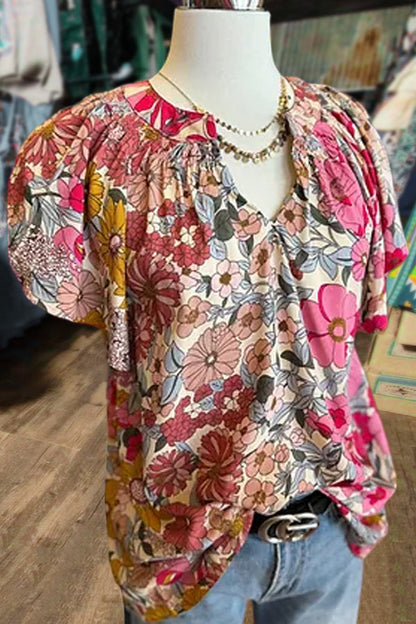 Floral Print V-Neck Flutter Sleeve Top