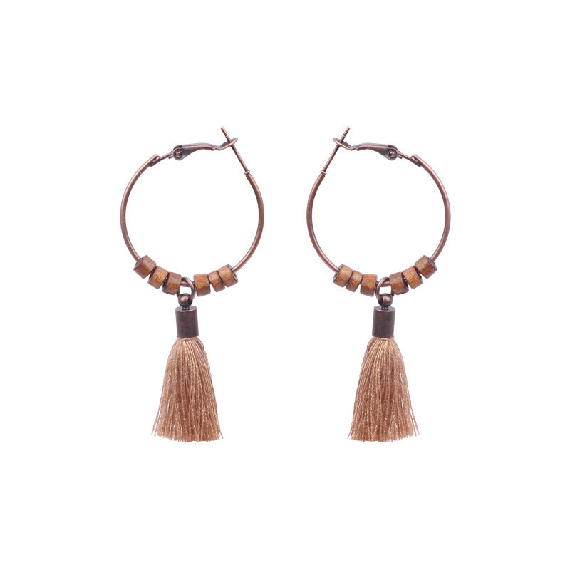 Women's Bohemian Retro Geometric Round Wooden Bead Earrings