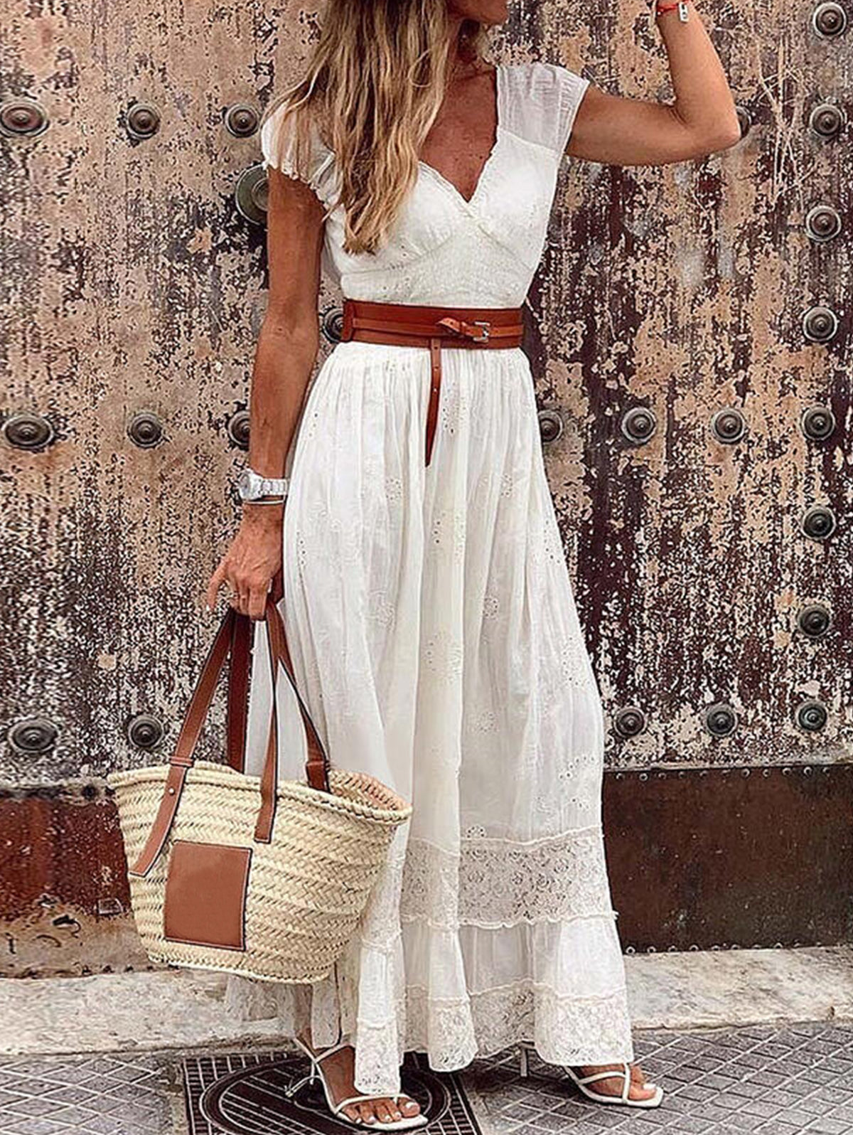 Elegant Plain V Neck Short Sleeve A Line Maxi Dress