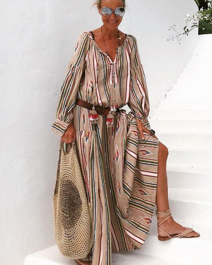 Bohemian Style Loose Striped Cool Long Sleeve Tassel Charm Dress