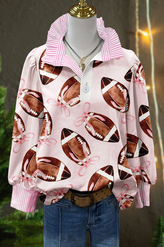 Cute Gameday Football Bow Print Puff Sleeve Blouse