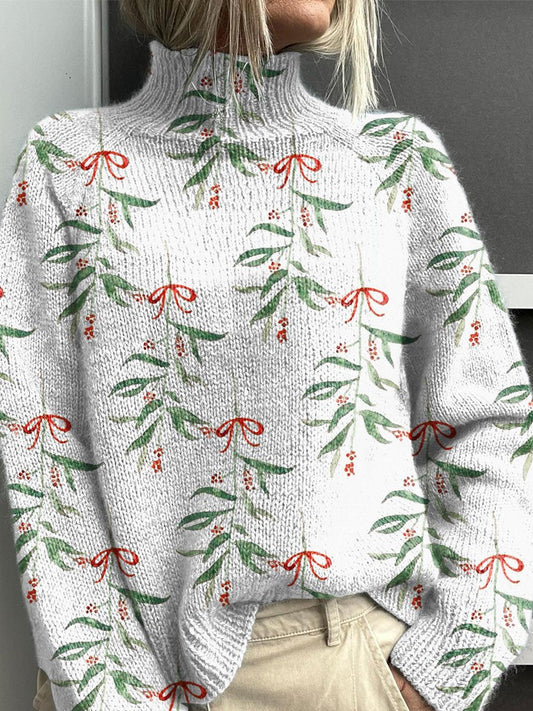 Botanical Art Print Knit Turtleneck Pullover Sweater