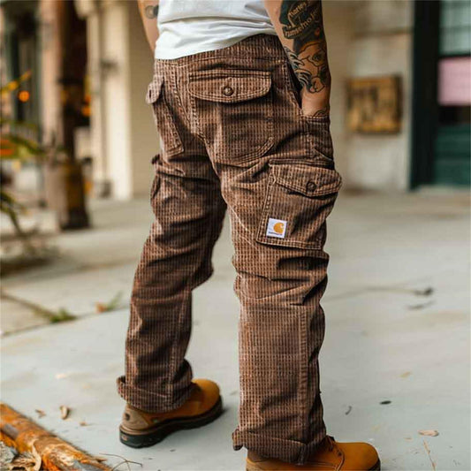 Men's Vintage Waffle Knitted Outdoor Multi-pocket Cargo Pants Trousers