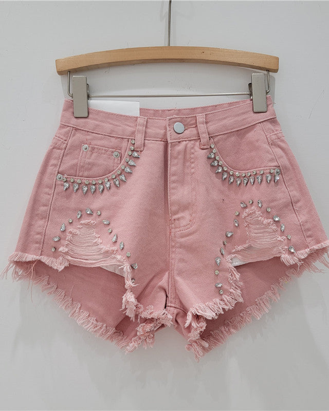 Diamond-Encrusted Frayed Denim Shorts