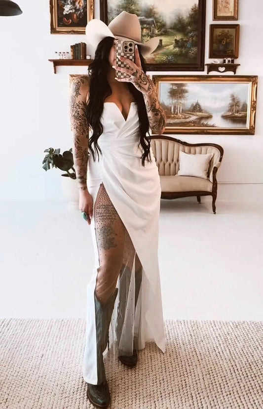 V-neck Rhinestone Mesh Maxi Slit Dress