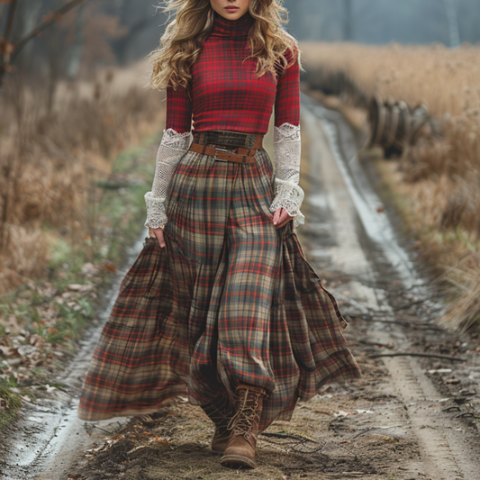 Women's Retro High Neck Long Sleeve Long Skirt Plaid Pastoral Style Dress