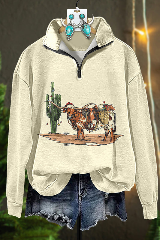 Christmas Cactus Cow Zip Sweatshirt