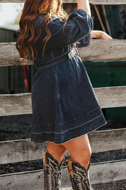 Vintage V-Neck Ruffled Denim Dress