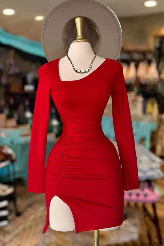 Pretty Pleated Slit Long Sleeve Dress