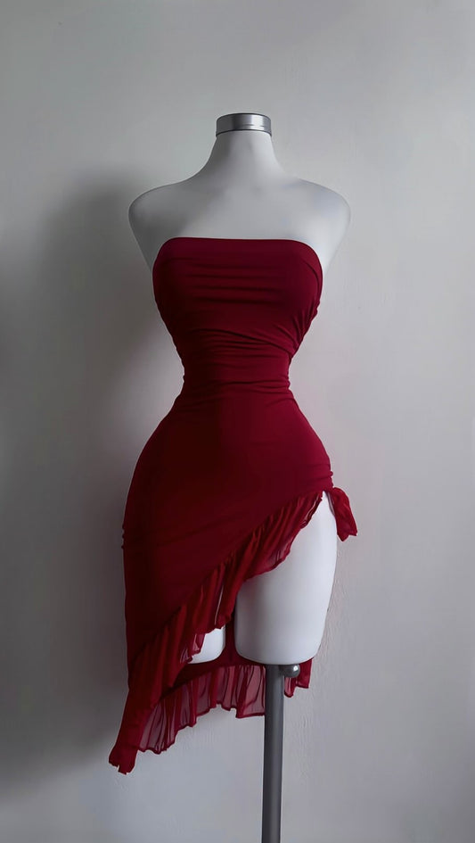 Red Irregular Ruffles Slim Dress