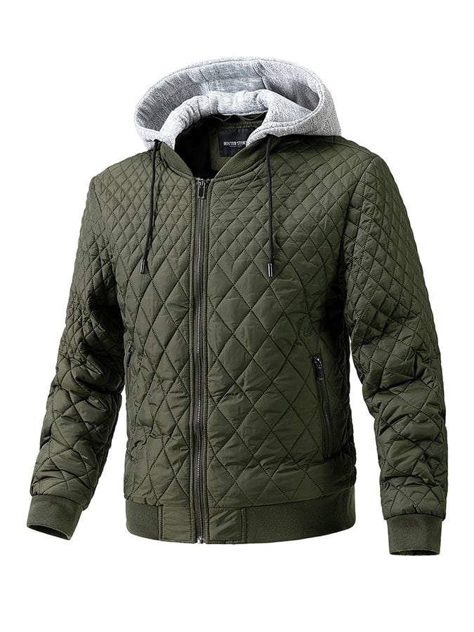 Men's Fall/Winter Casual Zip Up  Quilted Plaid Detachable Hat Puffer Jacket