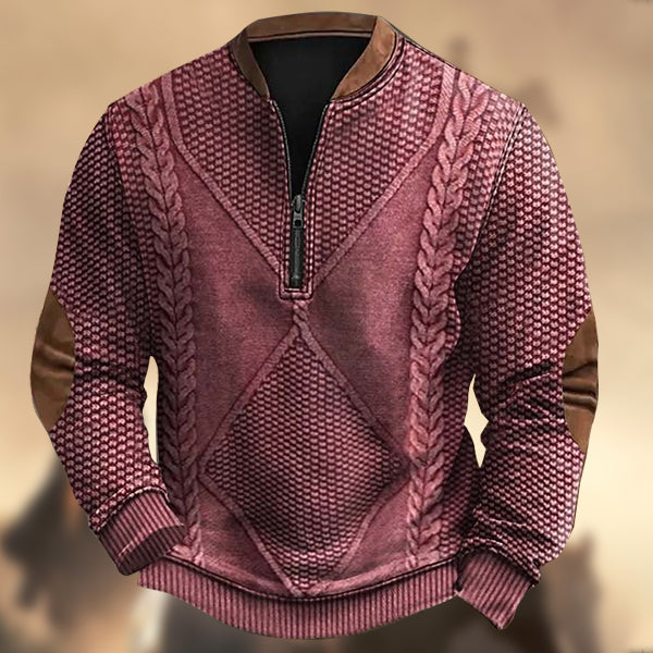 Men's Vintage Western Knit Print Zipper Stand Collar Casual Sweatshirt