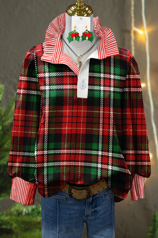 Christmas Plaid Striped Graphic Print Blouse