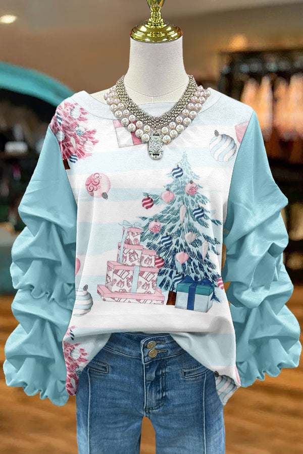 Sweet Christmas Tree Print Pleated Sweatshirt