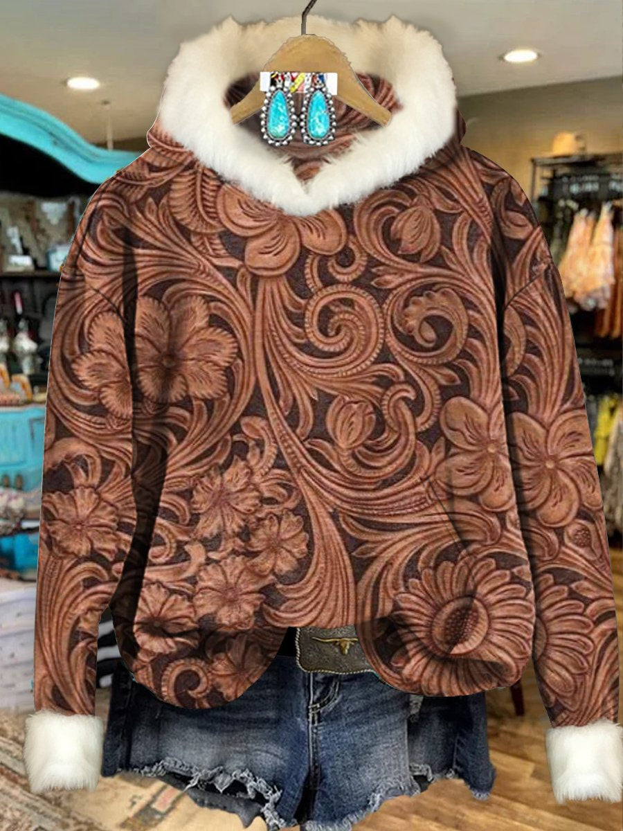 Brown Vintage Ethnic Flowers Print Imitation Rabbit Fur Trim Casual Hoodie Sweatshirt