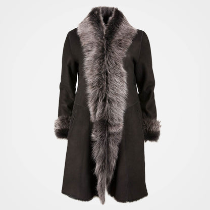 Women's Vintage Suede Fleece Silver Fox Fur Mid-Length Shearling Jacket Afghan Coat